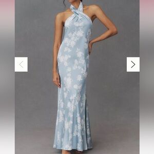 Elegant Blue Floral Halter Dress